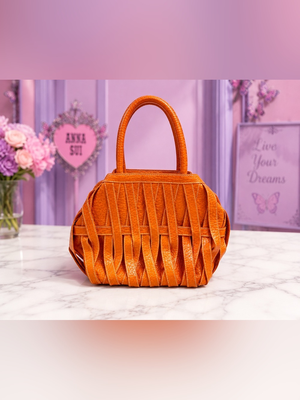 Anna Sui Y2K Vintage Bright Orange Woven Leather Top-Handle Satchel EUC